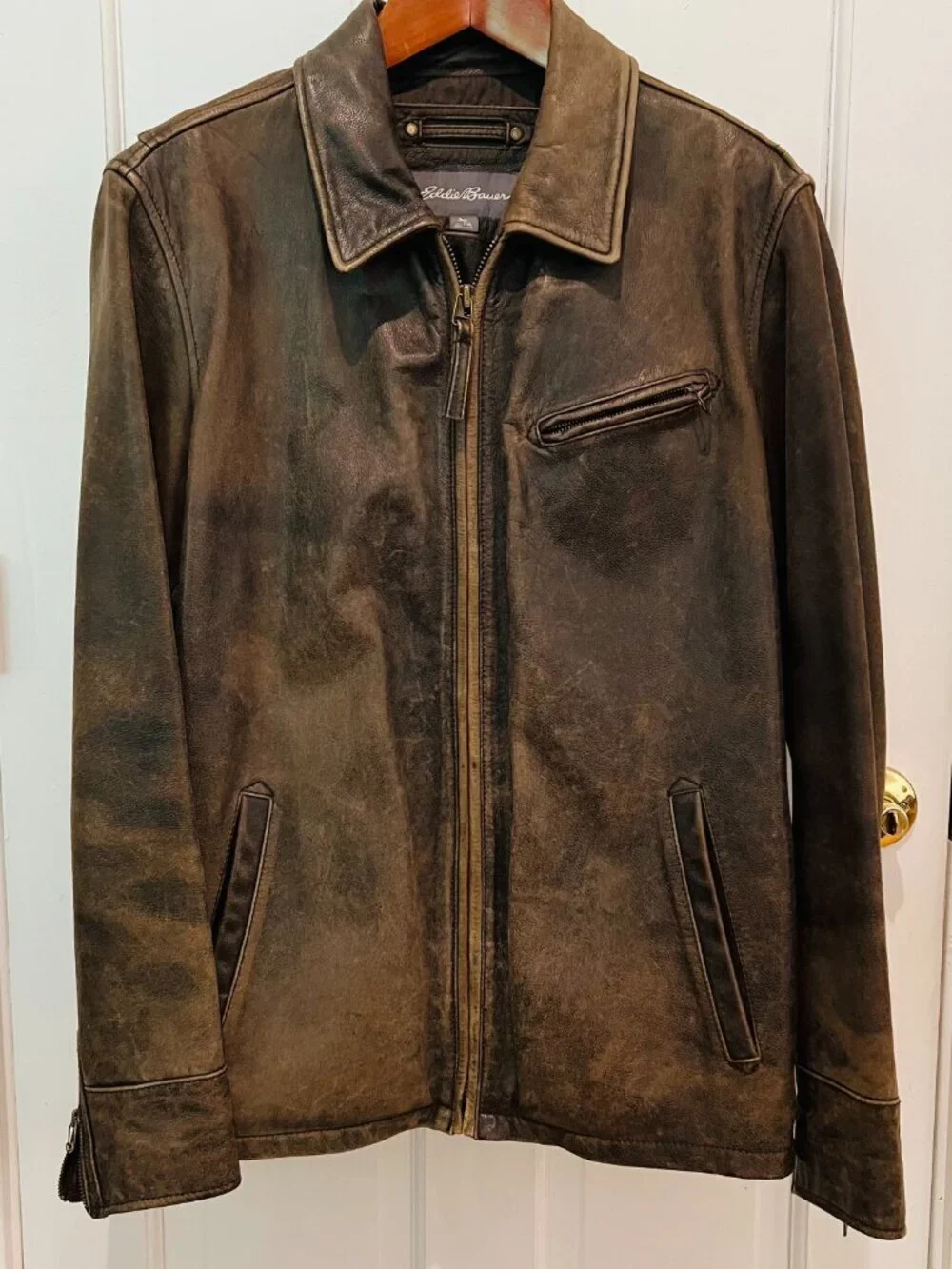 VINTAGE Eddie Bauer Distressed Heavy Leather Jacket Coat Mens TXL